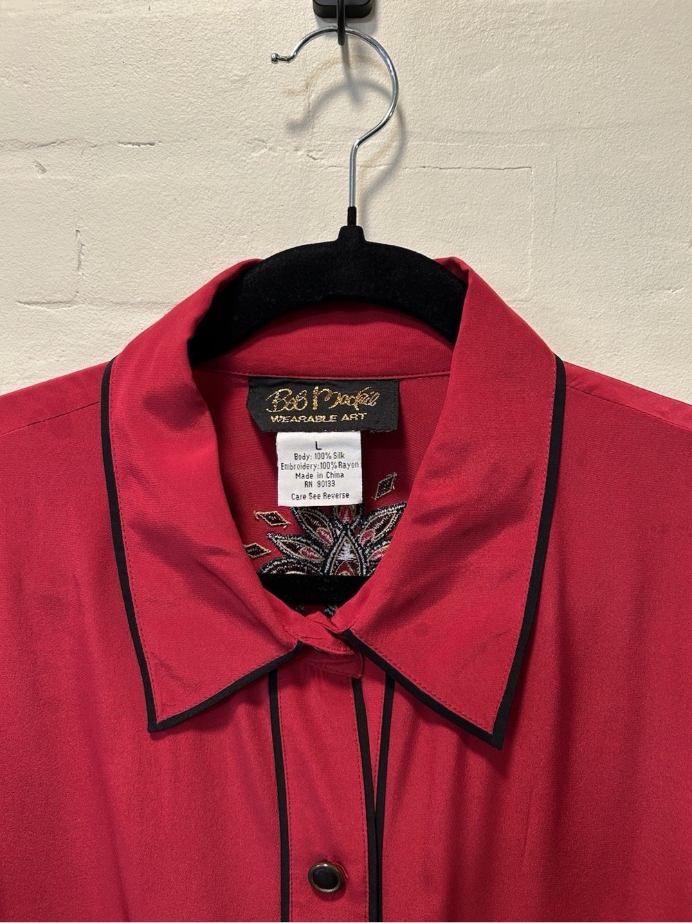 Bob Mackie Wearable Art Red 100% Silk Embroidered Blouse - Picture 3 of 7